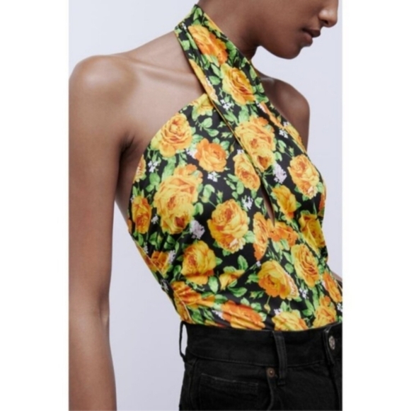 ZARA Bodysuit Floral Roses Halter Top S - Picture 1 of 10